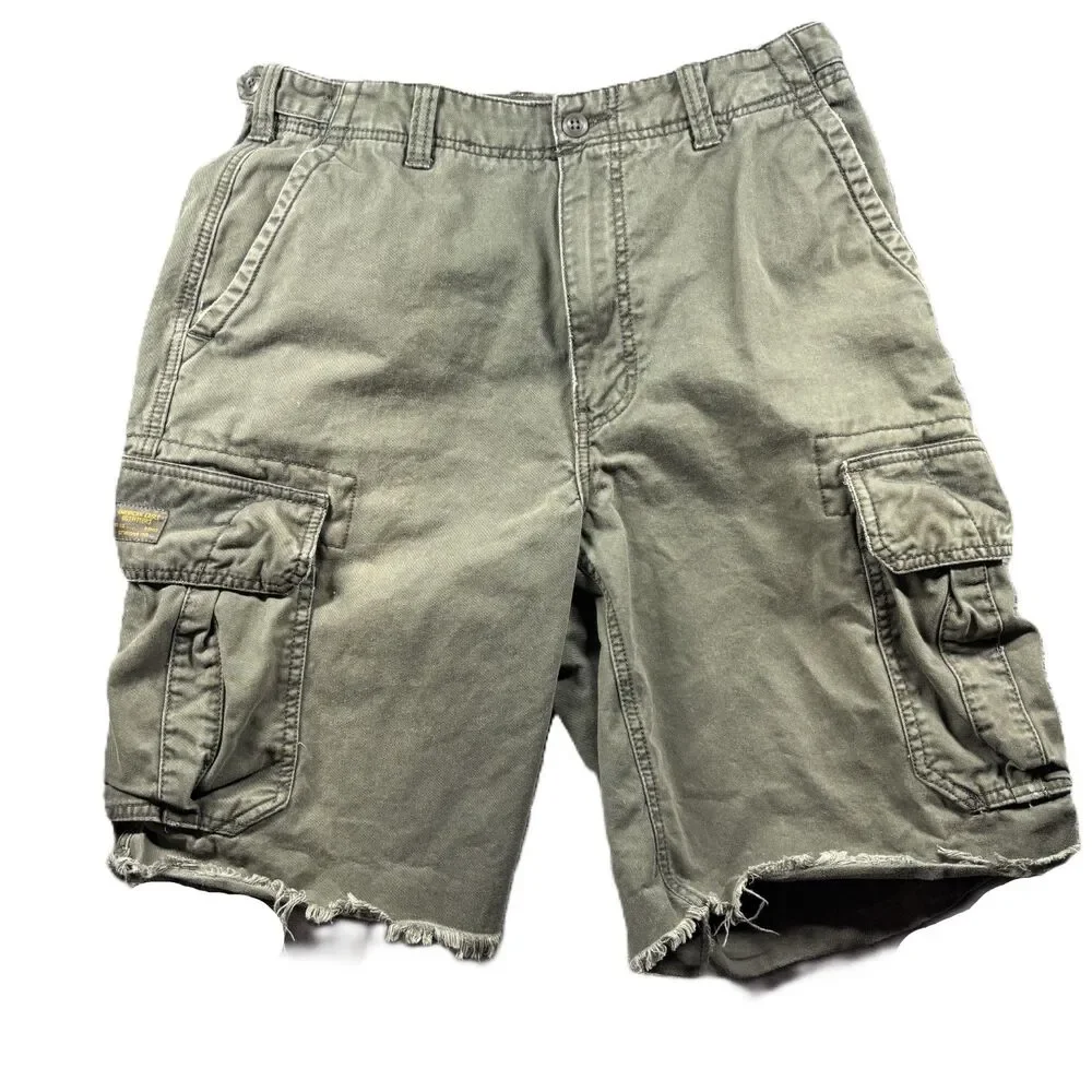 American Eagle Men Vintage Y2K Cargo Shorts Raw Frayed Hem Baggy Green 30 G294